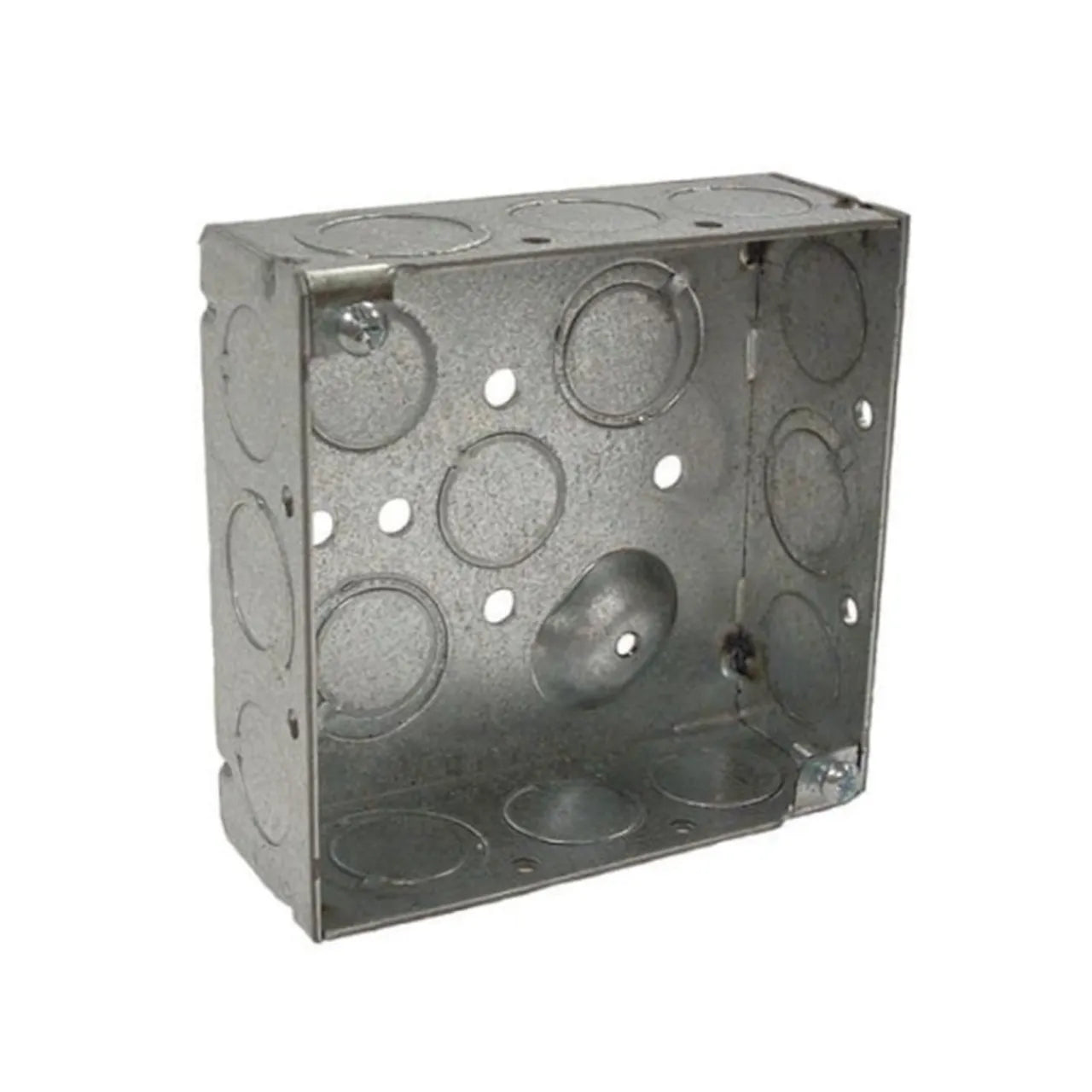 The Go Build 4 in. Square Electrical Box with Raised Ground securely houses wiring connections, features circular knockouts and welded steel construction—ideal for electrical installations.
